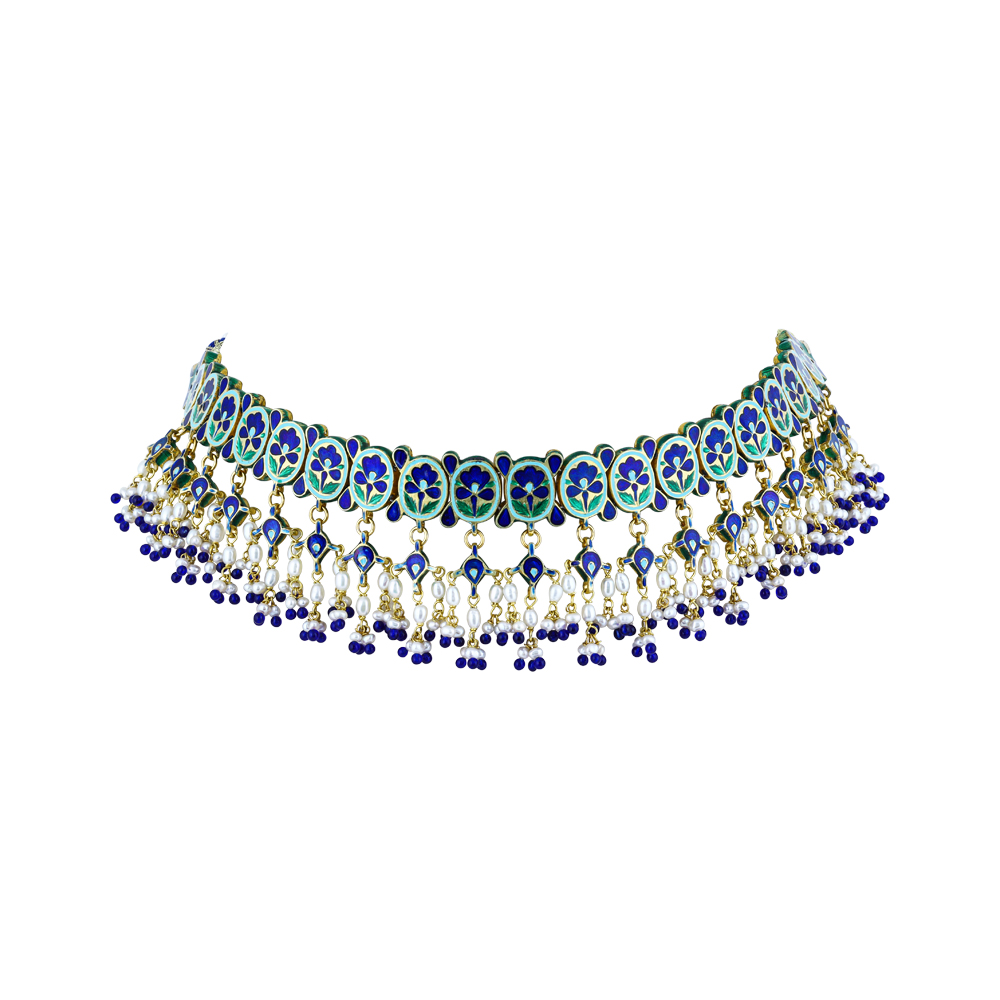 Polki Choker with Enamel, Pearl Bunches, and Blue Bead Accents
